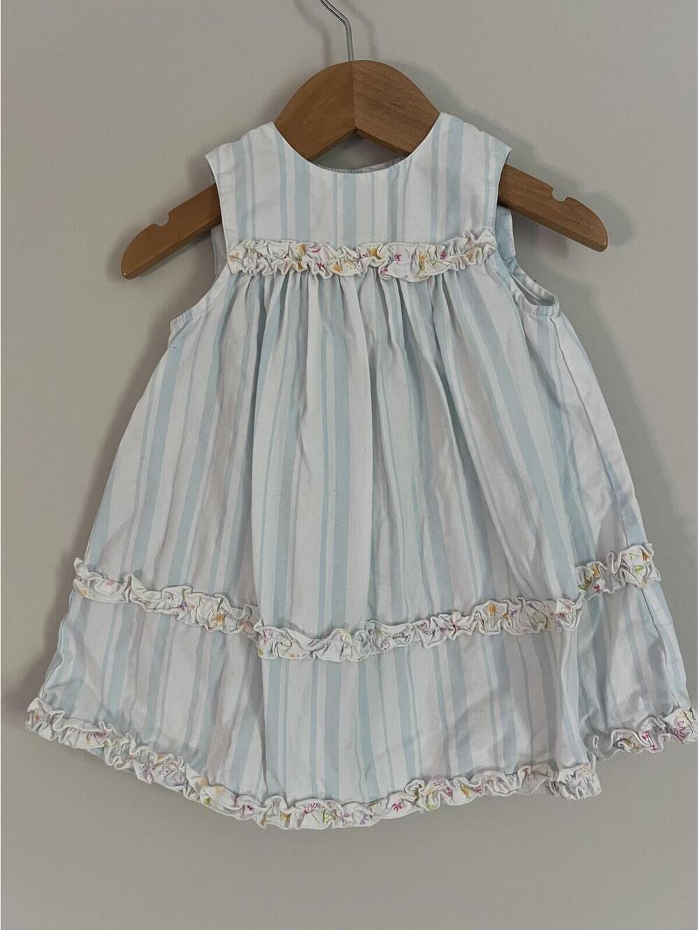 Vintage Y2K Blue/White Stripe Ruffle Trim Dress, 12 Months
